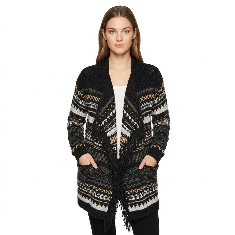 Denim 24/7 Cardigan Womens XL Black Southwestern Fringe Open Front Knit Sweater